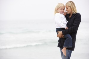 Mother And Daughter On Holiday Standing On Winter Beach