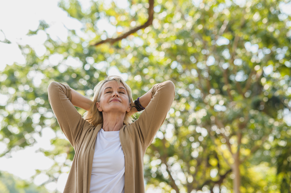 Portrait,Photo,Of,Happy,Senior,Caucasian,Woman,Relaxing,And,Breathing